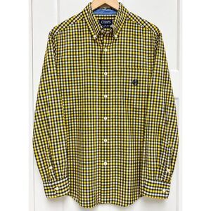Chaps Men’s Large Yellow Navy Plaid Easy Care Button Down Shirt